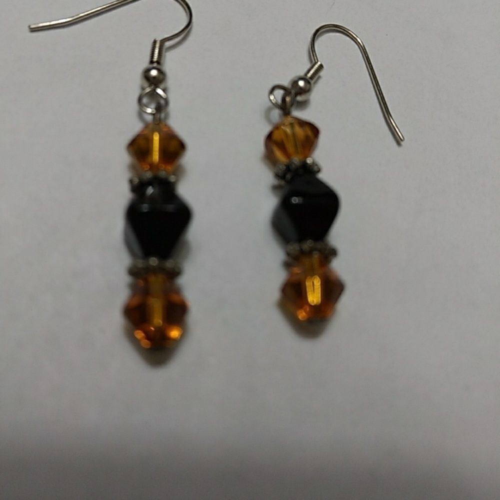 Silver tone beaded earrings black dangling orange halloween colors